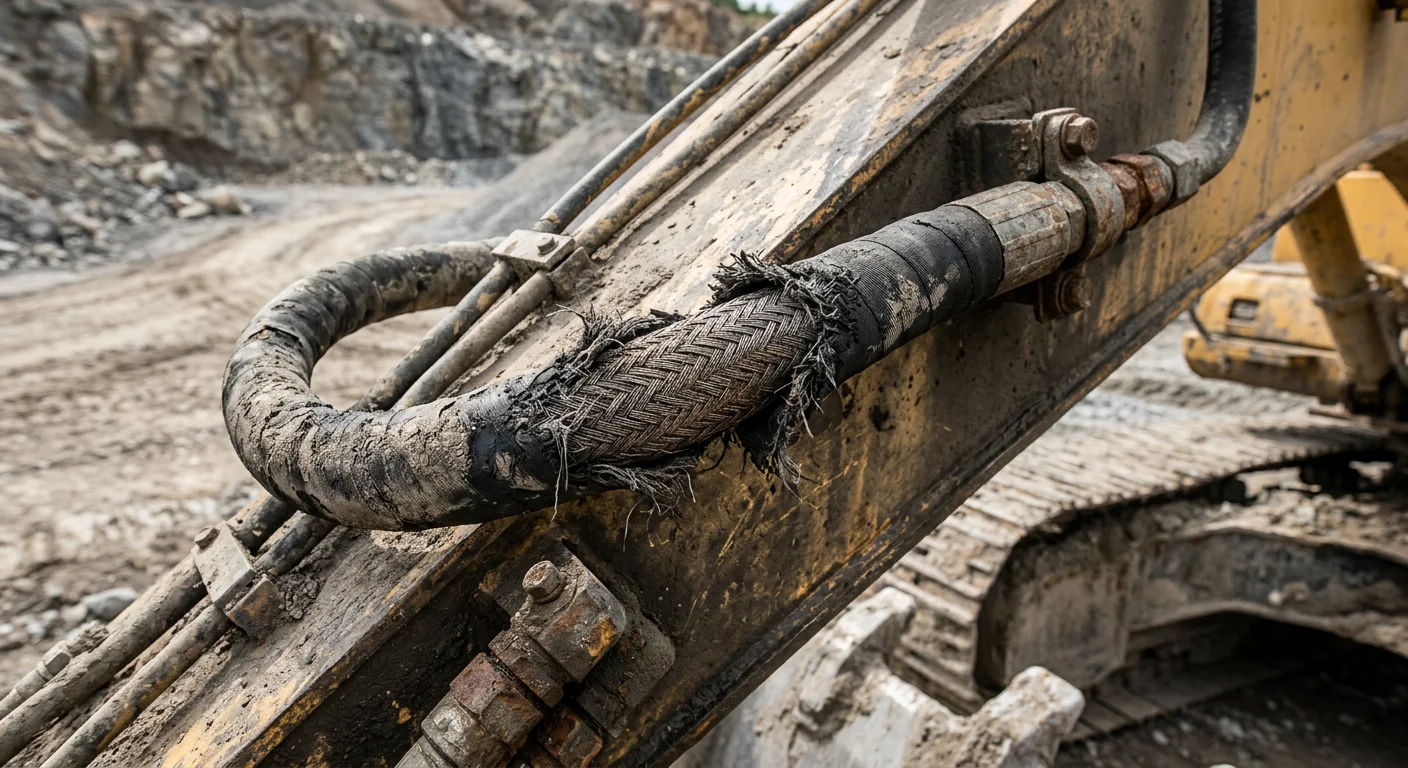 Close-up of an abraded hydraulic hose on dusty mining and quarry equipment