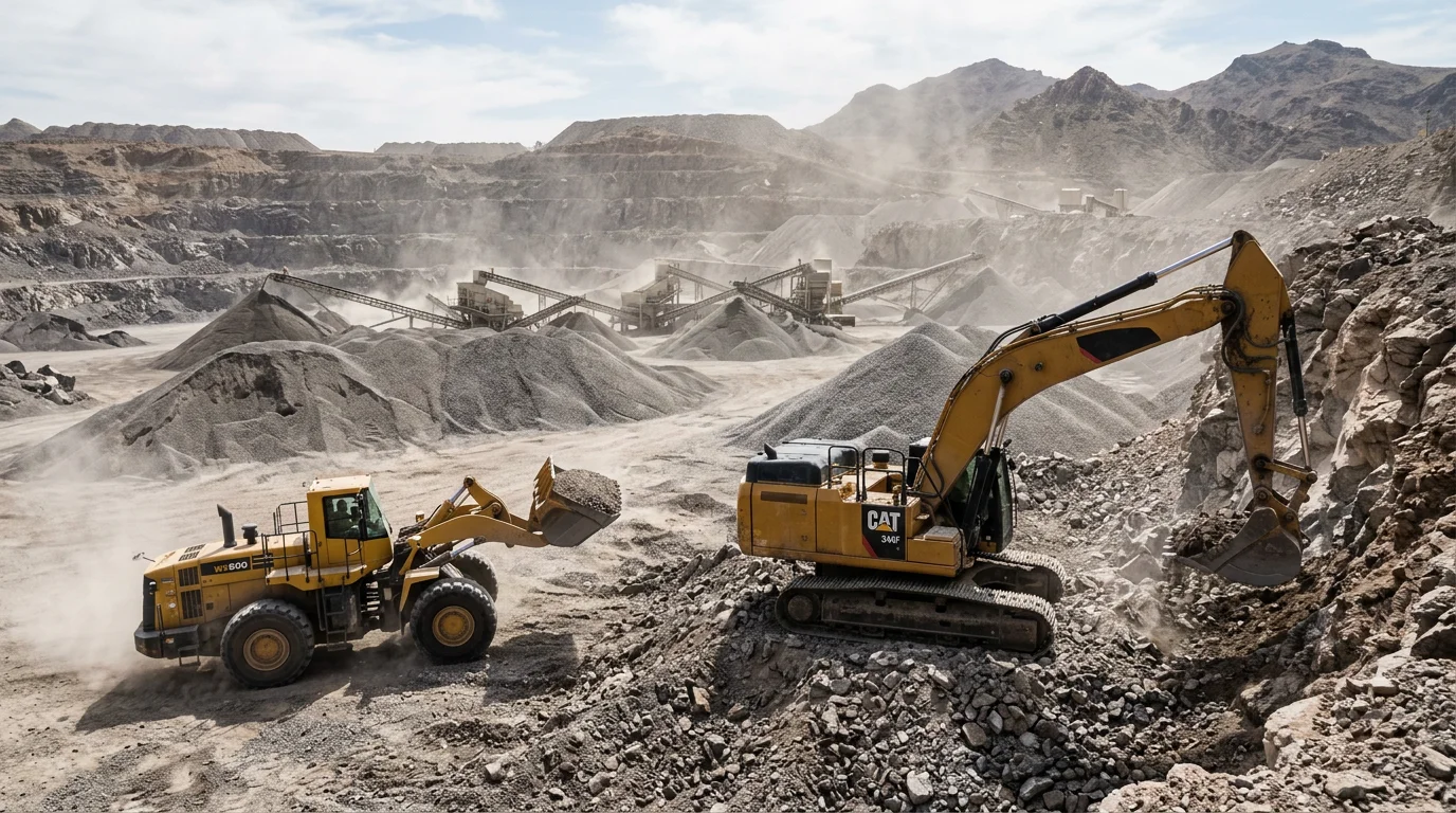 Heavy mining and quarry equipment using hydraulic cylinders and hoses at a rocky aggregate site